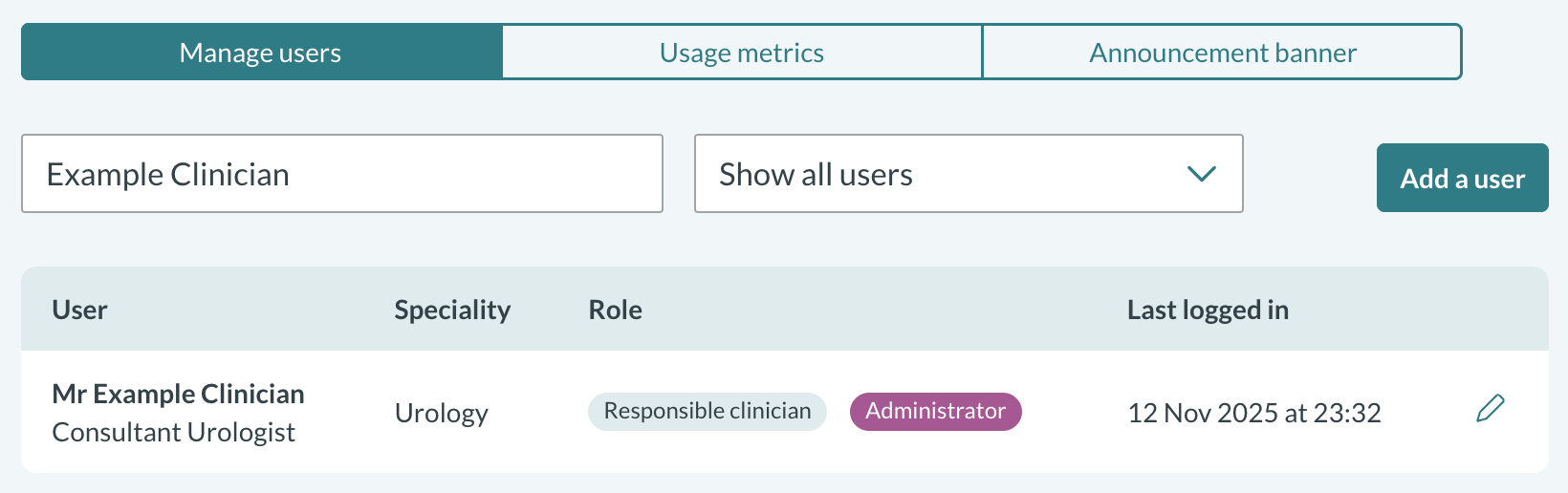 Clinician search in admin application