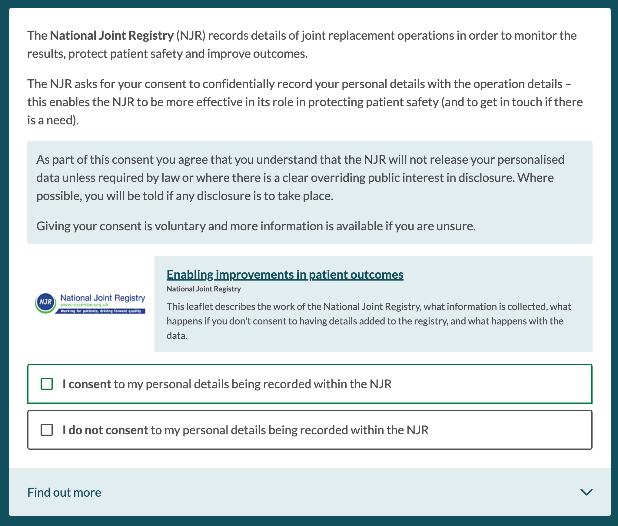 National joint registry consent in Concentric