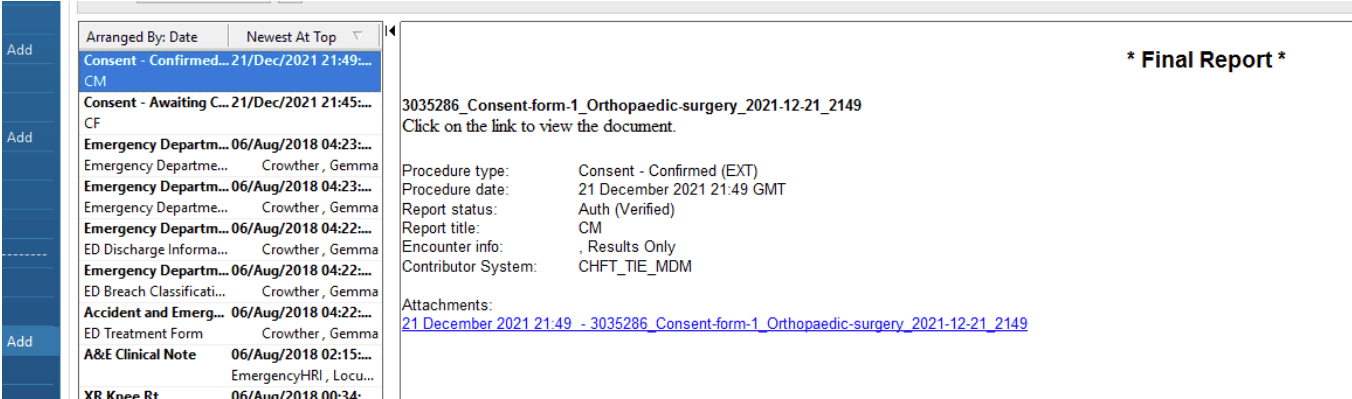 Consent forms in CHFT Cerner